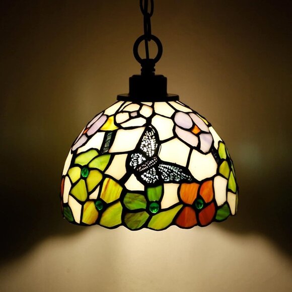 NEW Small Tiffany Pendant Light Plug in Stained Glass Swag Lamp 8X8X181" Hanging - Picture 7 of 7
